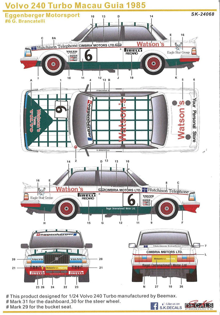 1/24 ボルボ240ターボ 1986 ETCC ホッケンハイム ウィナー エッゲンバーガーチーム 1985年 マカオギアレース デカール付属