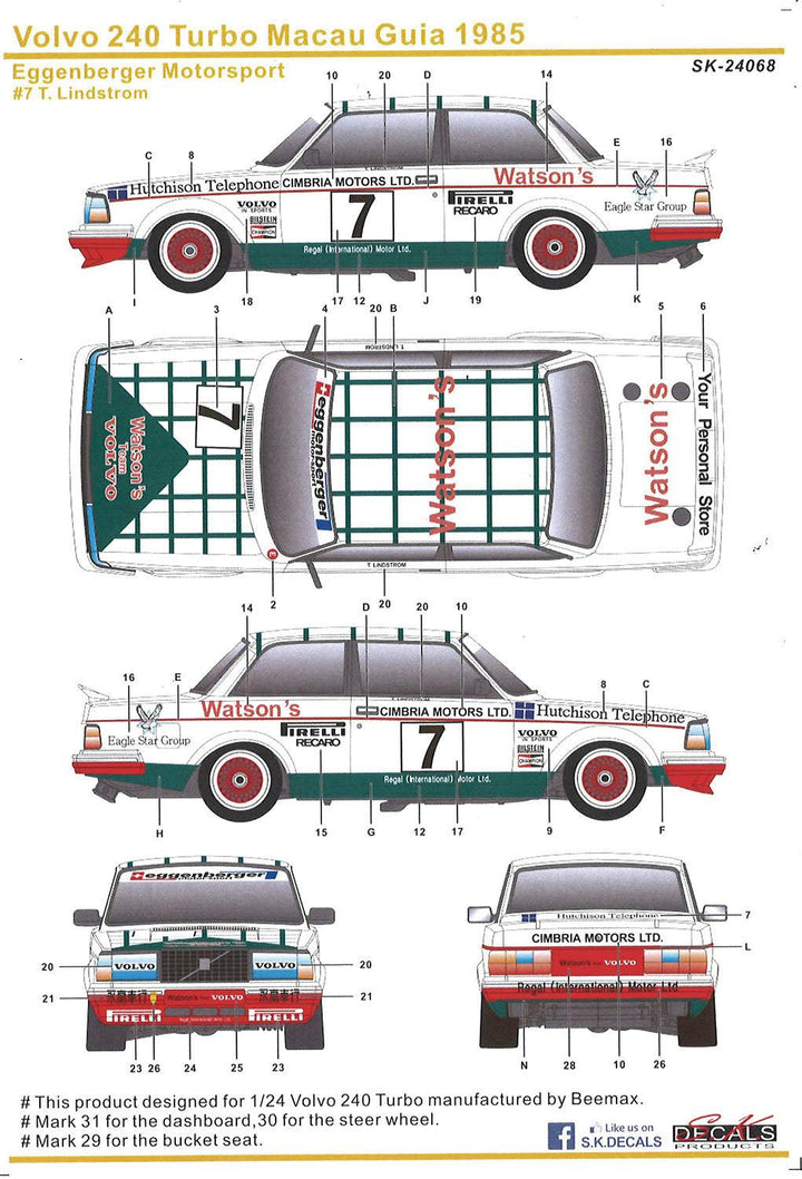 1/24 ボルボ240ターボ 1986 ETCC ホッケンハイム ウィナー エッゲンバーガーチーム 1985年 マカオギアレース デカール付属