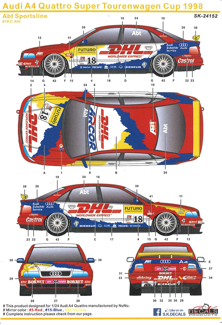 1/24 アウディ A4 クワトロ 1996 BTCCチャンピオン 1998 ドイツ スーパーツーリング選手権 Abt スポーツライン チーム デカール付属